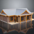 Traditional Architecture with Curved Eaves Large Windows Light Gray Roof Yellow Trim and Brown Walls