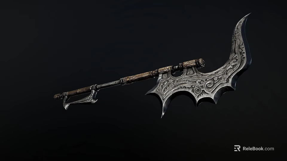 Ornate Battle Axe Featuring Curved Blade Intricate Carvings And Metallic Handle Design 3d model 