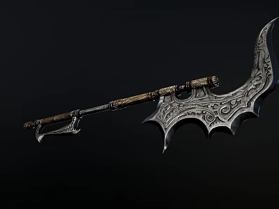 Ornate Battle Axe Featuring Curved Blade Intricate Carvings And Metallic Handle Design 3d model
