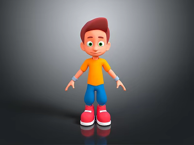 3D Cartoon Game Character With Brown Hair Green Eyes Orange Shirt Blue Pants Red Shoes 3d model
