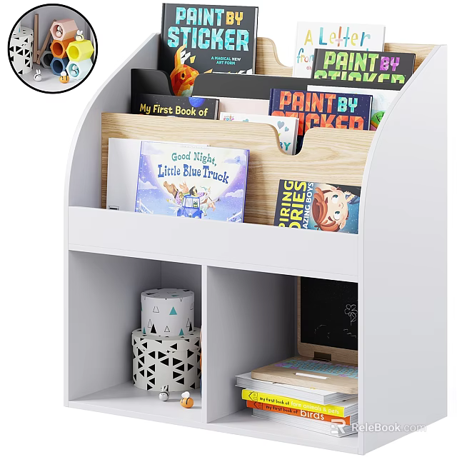 Books And Magazines On White Bookshelf With Shelves For Children's Reading 3d model 