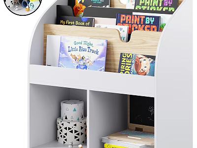 Books And Magazines On White Bookshelf With Shelves For Children's Reading 3d model