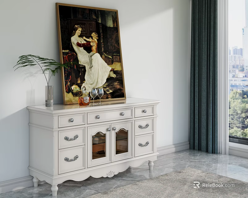 White Sideboard with Drawers Glass Doors Painting Potted Plant and Wine Glasses in Modern Interior 3d model 