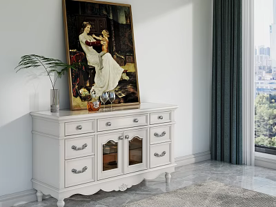 White Sideboard with Drawers Glass Doors Painting Potted Plant and Wine Glasses in Modern Interior 3d model