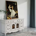 White Sideboard with Drawers Glass Doors Painting Potted Plant and Wine Glasses in Modern Interior