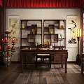 Traditional Chinese Room Interior With Red Curtains Calligraphy Paintings And Wooden Furniture