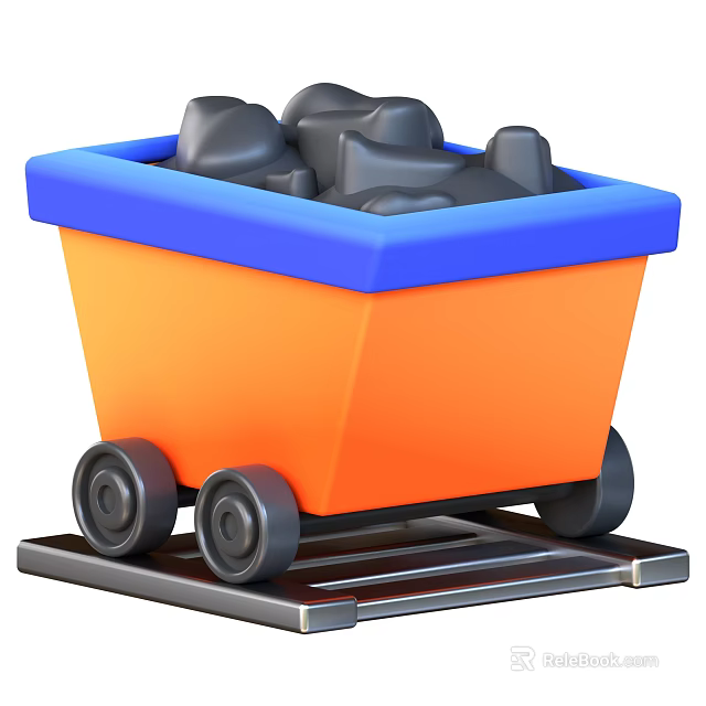Orange And Blue Mine Cart Filled With Black Ore On Metal Rail Track 3d model 
