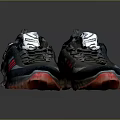 Black Sports Shoes With Red Soles Red Side Stripes White Laces Mesh And Textured Soles