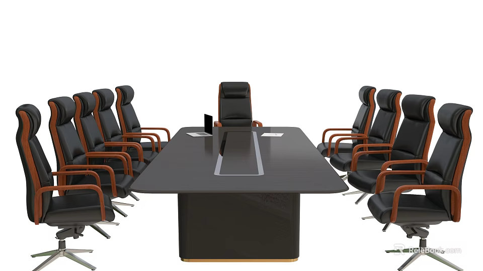 Modern Conference Room Table And Chairs Set With Leather Seats And Wooden Armrests 3d model 