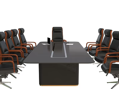 Modern Conference Room Table And Chairs Set With Leather Seats And Wooden Armrests 3d model