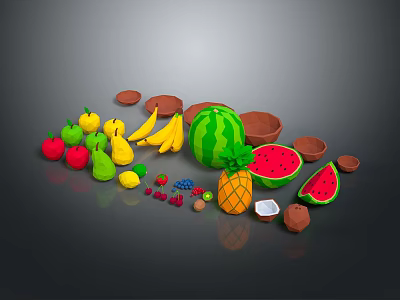 Assorted Colorful Fruits Arrangement With Watermelon Banana And Brown Bowls 3d model