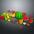Assorted Colorful Fruits Arrangement With Watermelon Banana And Brown Bowls