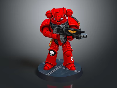 Red Armored Warrior Character Holding Gun On Detailed Base Figure 3d model