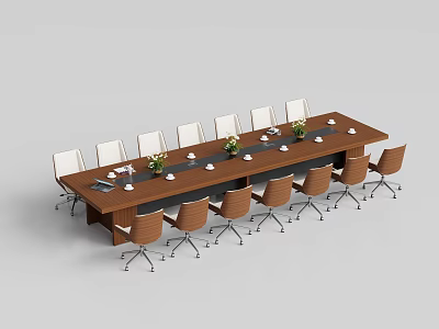 Modern Rectangular Wooden Conference Table With Office Chairs And Decorative Vases 3d model