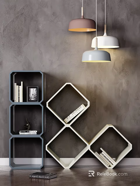 Modern Blue And White Geometric Bookcase With Books Photo Frame And Decorative Items 3d model 