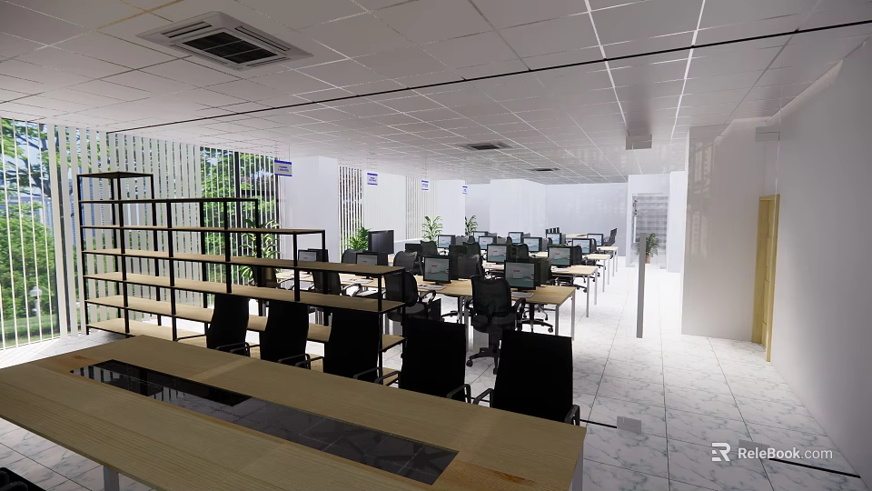 Modern Public Office Space With Open Layout Desks Computers And Office Chairs 3d model 
