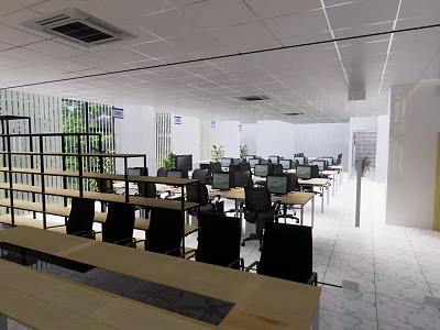 Modern Public Office Space With Open Layout Desks Computers And Office Chairs 3d model