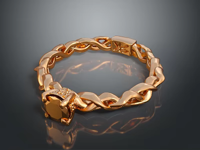 Elegant Golden Bracelet With Intertwined Chain Design And Decorative Gemstone 3d model