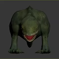 Realistic Green Dinosaur Model with Open Mouth and Sharp Teeth Standing on Shiny Surface