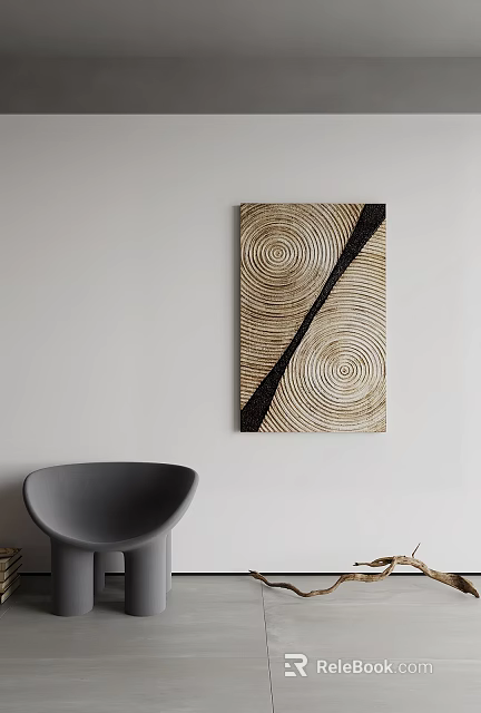 Beige Canvas Wall Decor Featuring Concentric Circle Pattern And Black Diagonal Stripe 3d model