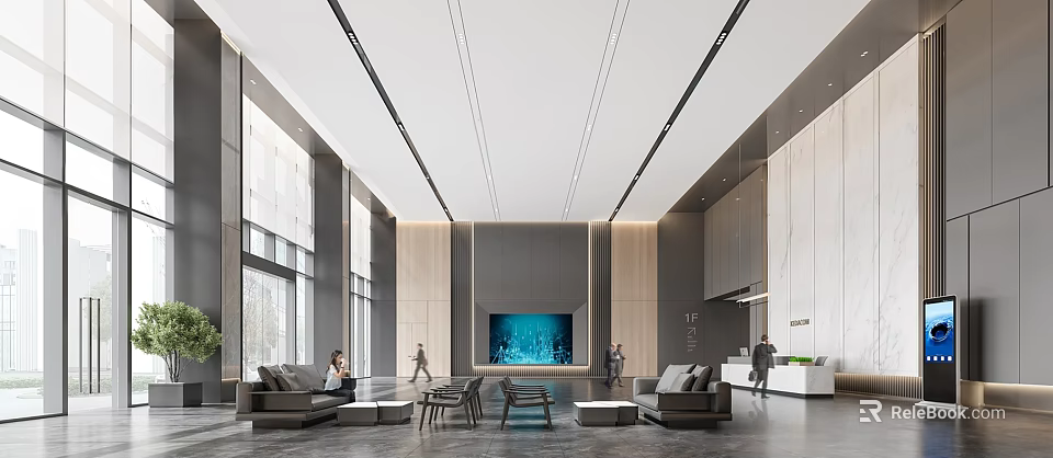 Modern Hotel Lobby Interior With Spacious Seating Large Screen And Reception Desk 3d model 