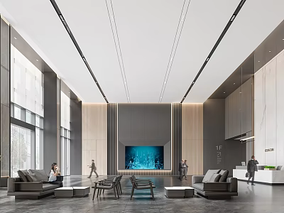 Modern Hotel Lobby Interior With Spacious Seating Large Screen And Reception Desk 3d model