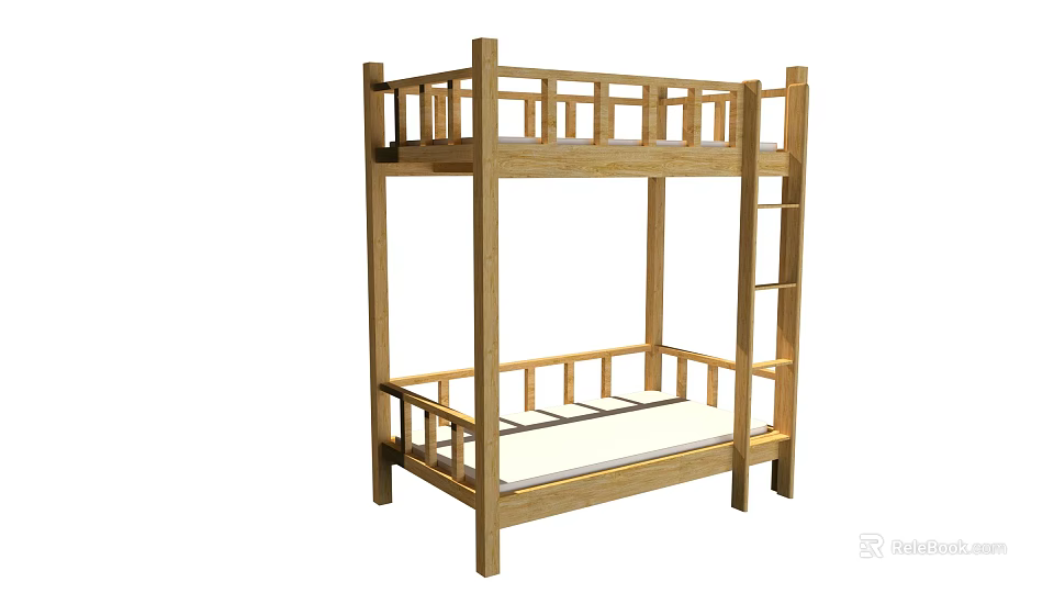 Wooden Bunk Bed Frame With Ladder And Safety Guardrails For Bedroom 3d model 