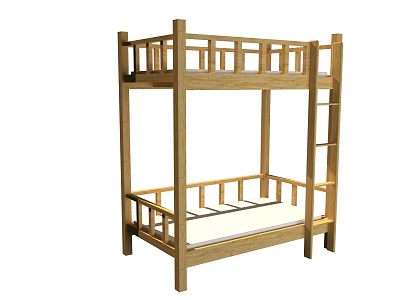 Wooden Bunk Bed Frame With Ladder And Safety Guardrails For Bedroom 3d model