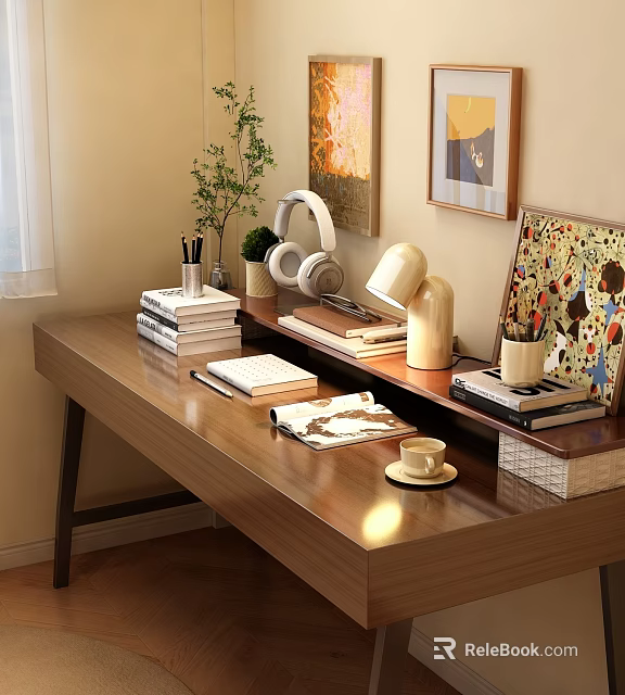 Home Office Decorative Ornament Set with Books Headphones Lamp and Potted Plant on Wooden Desk 3d model 