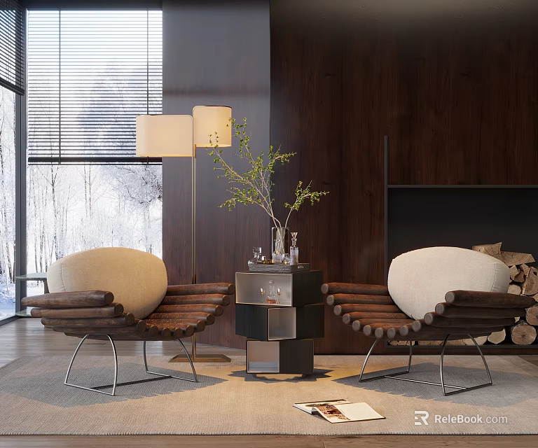 Modern Leisure Chairs with Beige Cushions Wooden Frames Beside Side Table Plant Floor Lamp 3d model 