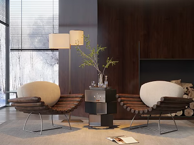 Modern Leisure Chairs with Beige Cushions Wooden Frames Beside Side Table Plant Floor Lamp 3d model