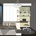 Modern Tatami Bedroom Interior With Circular Cutout Bookshelf Writing Desk And Office Chair