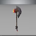 Fantasy Battle Axe Featuring Glowing Red Yellow Accents And Detailed Wooden Handle Design
