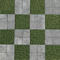 Gray Paving Tiles And Green Grass In Alternating Checkerboard Outdoor Pattern