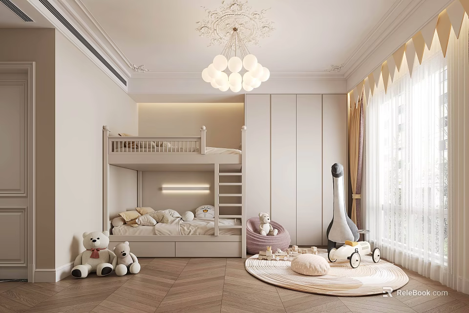 Kids Room Interior Design With Bunk Bed Chandelier Stuffed Toys Rug And Herringbone Floor 3d model 