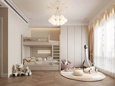 Kids Room Interior Design With Bunk Bed Chandelier Stuffed Toys Rug And Herringbone Floor 3d model