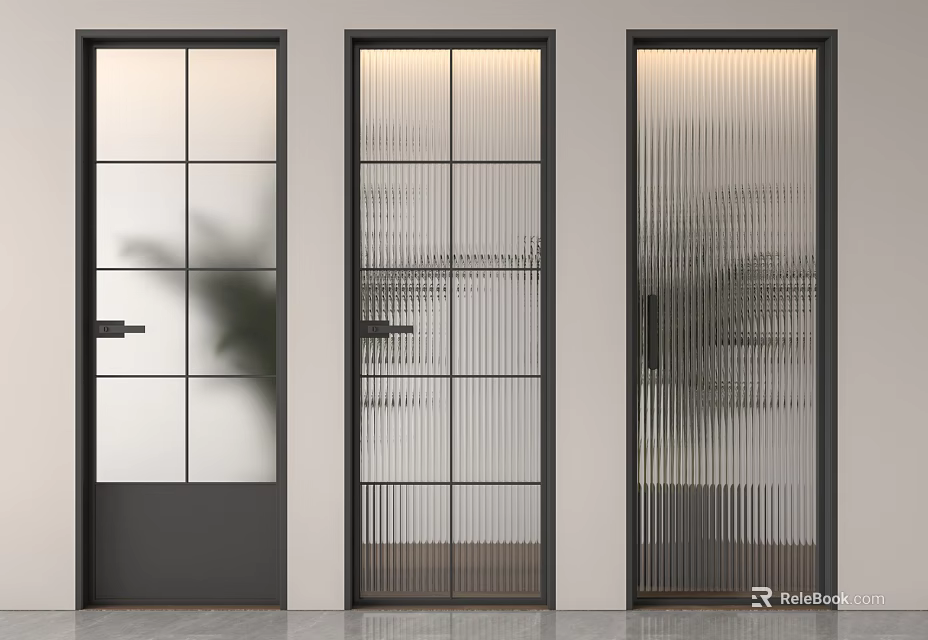 Modern Doors With Black Frames Featuring Grid And Ribbed Glass Designs 3d model