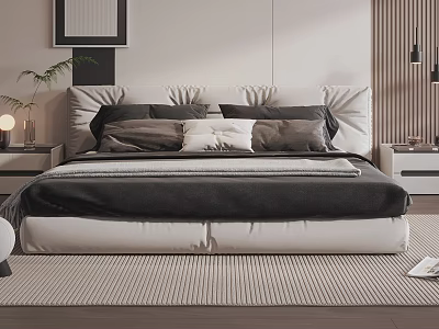 Modern Bedroom Interior With Comfortable Bed Pillows Blanket Nightstand Lamp Wall Art And Rug 3d model