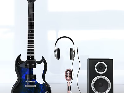 Modern Musical Instruments Setup With Electric Guitar Headphones Microphone Speakers On White Background 3d model