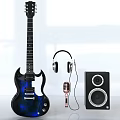 Modern Musical Instruments Setup With Electric Guitar Headphones Microphone Speakers On White Background