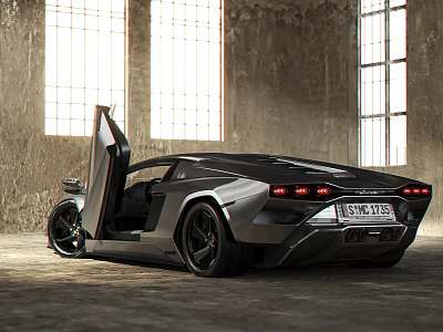 Sleek Black Sports Car With Open Scissor Door In Industrial Space 3d model