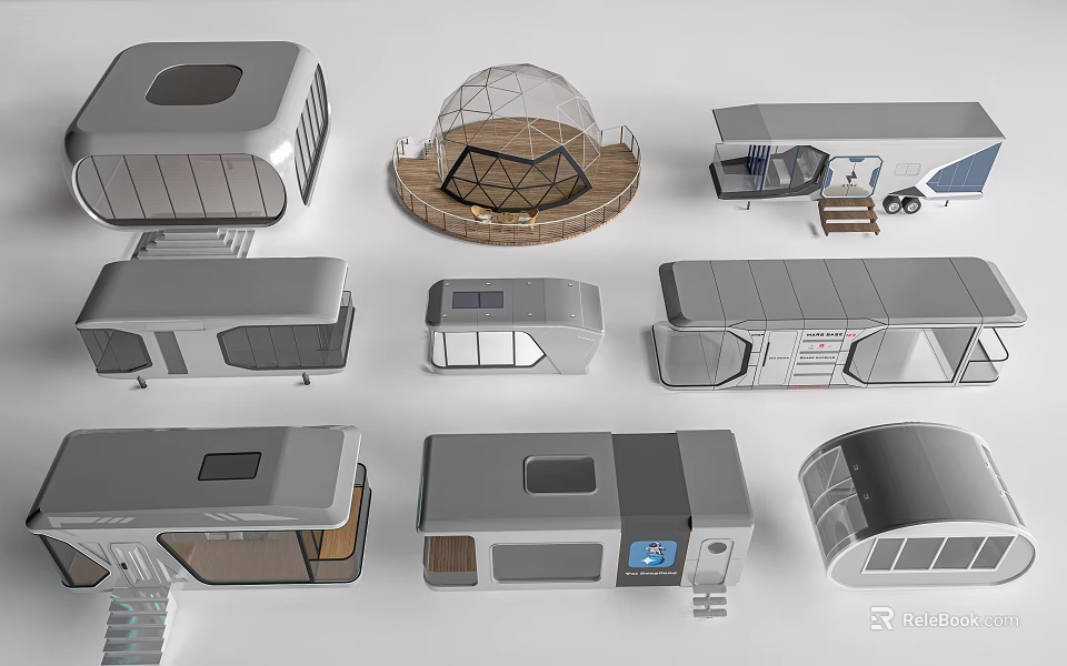 Modern Guesthouse Buildings With Various Designs Including Dome Shaped And Trailer Style Structures 3d model 