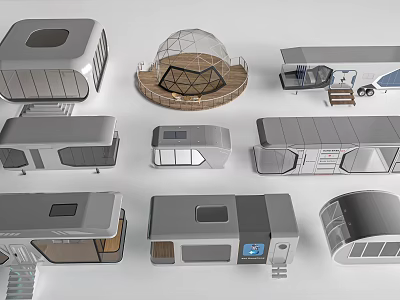 Modern Guesthouse Buildings With Various Designs Including Dome Shaped And Trailer Style Structures 3d model