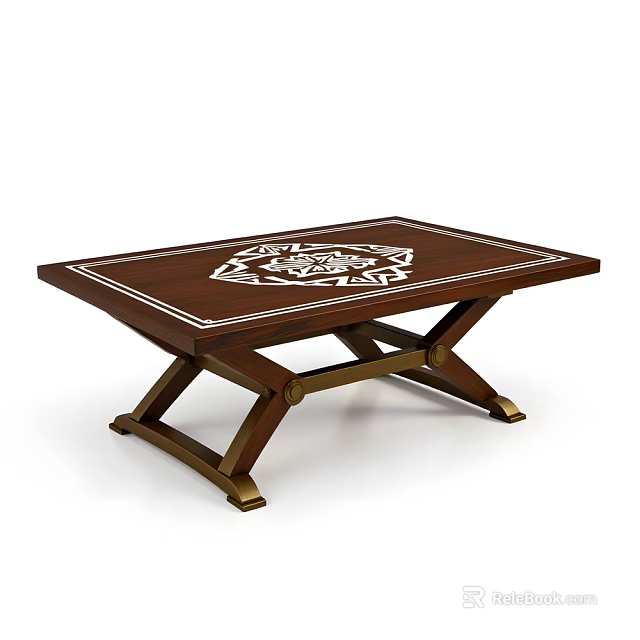 Wooden Dining Table Set With White Decorative Pattern And Cross Metal Legs 3d model 