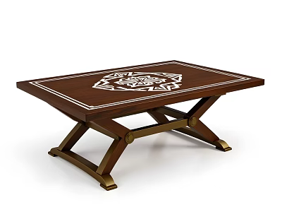 Wooden Dining Table Set With White Decorative Pattern And Cross Metal Legs 3d model