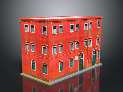 Urban Multi Story Building Model With Red Exterior White Framed Windows And Green Doors 3d model