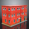 Urban Multi Story Building Model With Red Exterior White Framed Windows And Green Doors