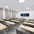 School Spacious Classroom With Arranged Desks Chairs Large Screen And Natural Light