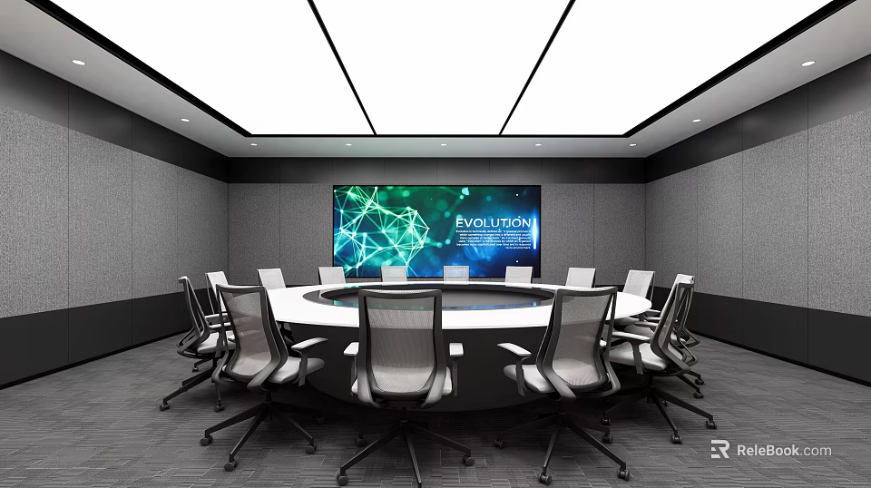 Modern Conference Room Interior With Round Table Large Screen And Tech 3d model 