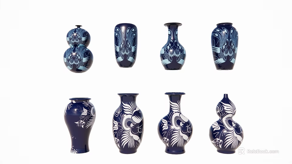 Blue And White Decorative Pendants With Various Shaped Vases And Patterns 3d model 